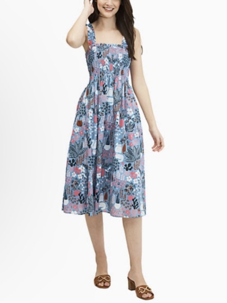 Kate Spade Garden Posy Smocked Midi Dress Cat Cactus Floral Print Blue Size Xs